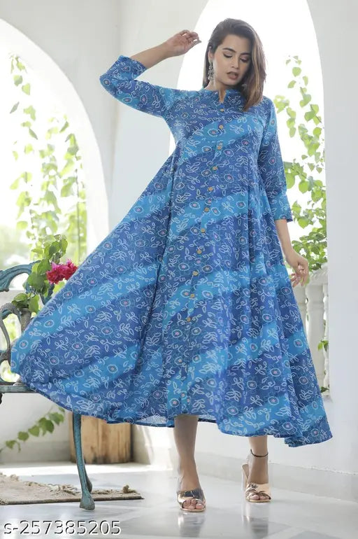 Women cotton blue bandej printed anarkali dress kurta