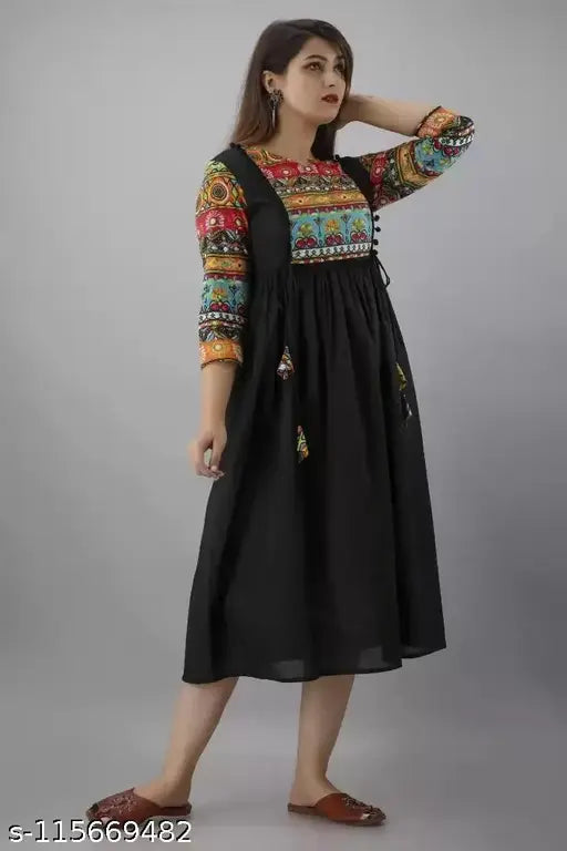 Women's Printed Rayon Long Black Anarkali Kurta