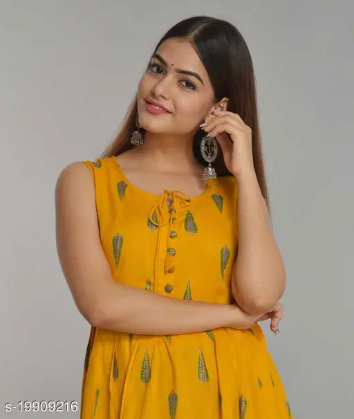 Women Rayon Pleated Printed Yellow Kurti