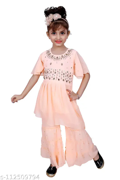 Hariyal Creation Kids Party/Festive Orange Designer Embroidery Kurta and Sharara Suit For Girls