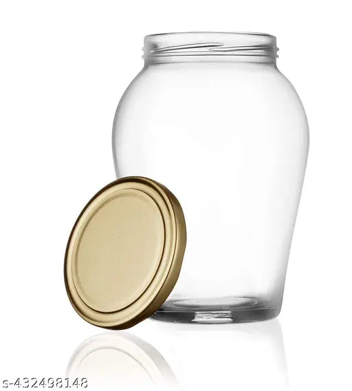 1 Liter Glass Jars with Airtight Golden Lids Kitchen ContainerSet Kitchen Accessories Storage Big Mason Jar and Containers Transparent Matka Shape 1000ml Bottles For honey, jams, pickles, chocolates, Masala, Dry Fruit (Pack Of 6)