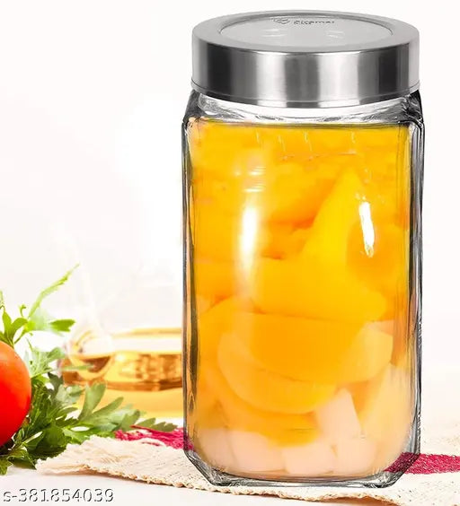 1000ml Transparent Cube Glass Jar/Barni for Kitchen, Achar Pickle, Dry Fruits, Masala, Grocery, Grains Storage Container with Silver See-Through Lid (Set of 6)