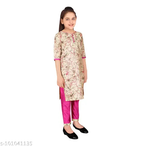 Sevgi Girl's Chanderi Cotton Blend Printed Kurti with Trousers Set