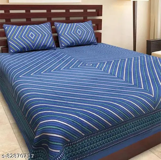 eTape Cotton Fabric Beautiful Stripe Printed Double Bedsheet With Two Pillow Cover(90 X 100, Blue)