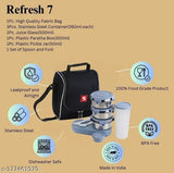 SUNLIFE - Refresh_7 Insulated Lunch Pack - 3Pc Stainless Steel Containers | 1Pc Plastic Paratha/Roti Box | 1Pc Chutney Jar | 1Pc 480ml Plastic Glass | 1 Set Spoon Fork | Insulated Fabric Bag Lunch Carrier (Refresh_7, Grey)