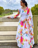 Bittu Fashion Women's Georgette Flowers Floral Printed Classic Trendy Fancy And Unique Gown Party Wedding Fashionable Dress With Dupatta White With Multi Color