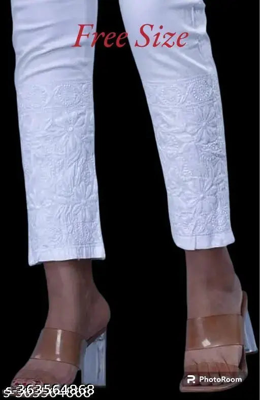 Women Chikankari Lycra Pant /Embroidery Streachable pant for ladies/Lucknowi embroidery pant/lycra pant for women