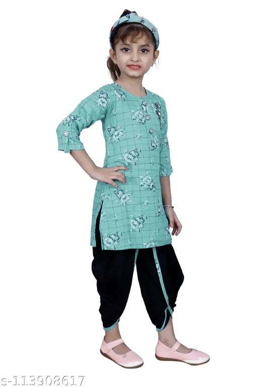 RK Collection Kids Party/Festive Rama Green Designer Checked Patiala Suit For Girls