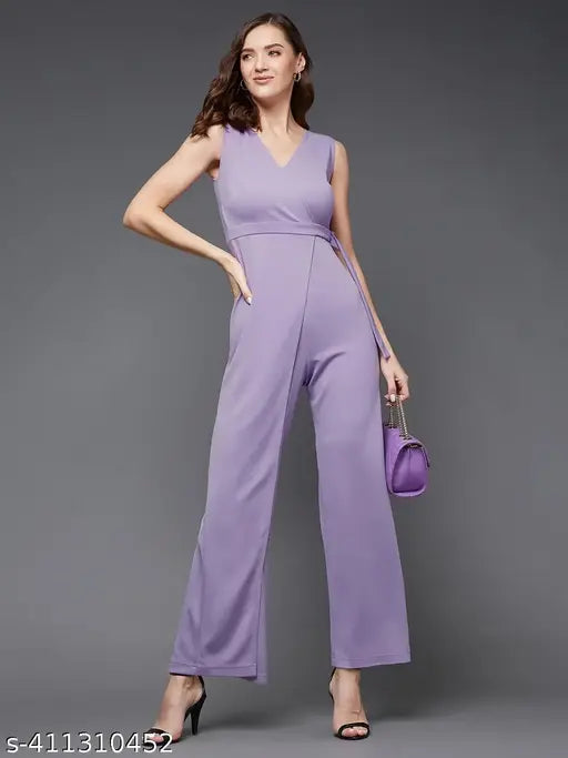 Miss Chase Light Lavender V-Neck Sleeveless Solid Wrap Regular Length Jumpsuit