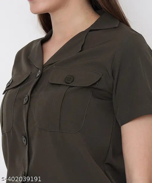 Women's Olive Green Polyester Solid Buttoned Playsuit