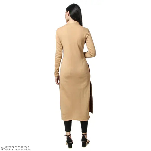 Women's Straight Printed Beige Woollen Kurti