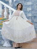 Divine Rayon White Color Multi Print Emroided Yoke Long Layered Anarkali Kurtis For Gilrs And Womens