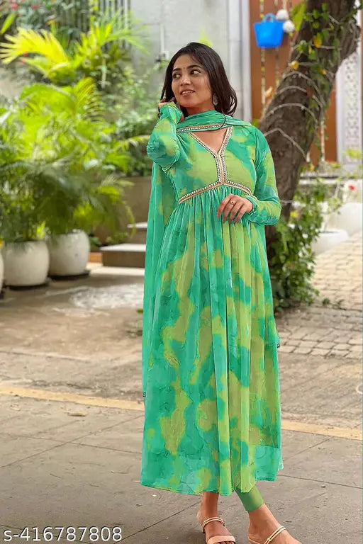 women Green primium quality dress women gown women delta print gown women fancy dress women party wear dress women for dress women for fancy dress women fancy gown women fancy printed dress women gown women gown type dress women delta fabric dress [NO