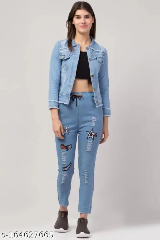 Women Denim Jacket & Star Light Blue Jogger Set