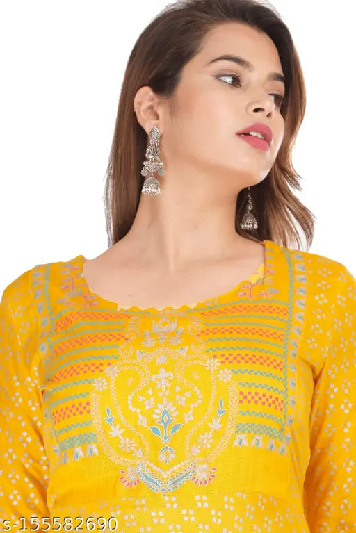 Women's Yellow Rayon Printed Long Anarkali Kurti