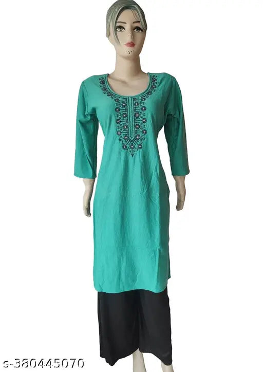 women's woolen computer embroidery work kurti in RAMA GREEN colour.