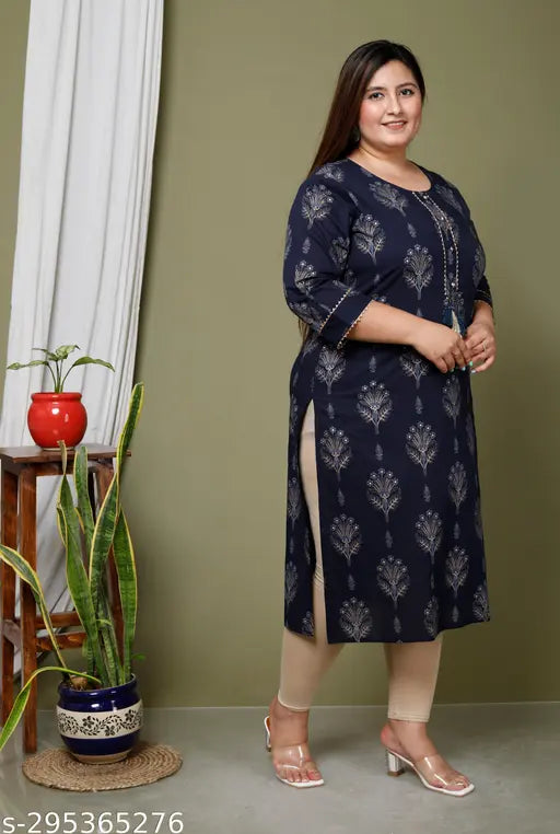 Avnii Women Floral Print Plus Size Straight Kurta Cotton Kurta (Dark Blue)