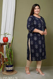 Avnii Women Floral Print Plus Size Straight Kurta Cotton Kurta (Dark Blue)