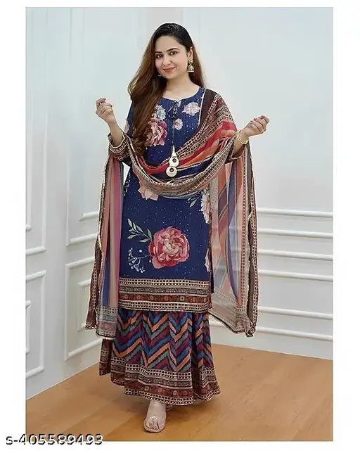 Women croset Embroidered Printed Kurta and Sharara Set with Dupatta