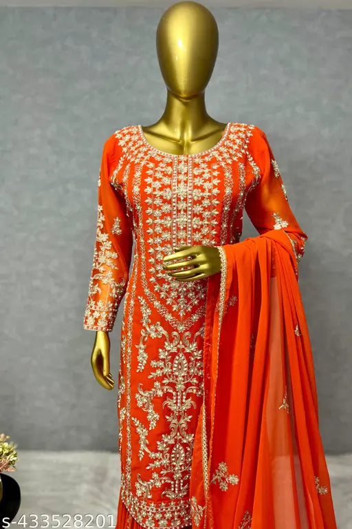 NEW FANCY HEAVY EMBROIDERY 3 PIECE KURTI WITH SHARARA AND DUPATTA