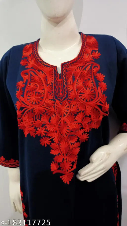 Nav by Naya Stylish Navy Blue Over Red Embroidered Woolen Kurti for Women