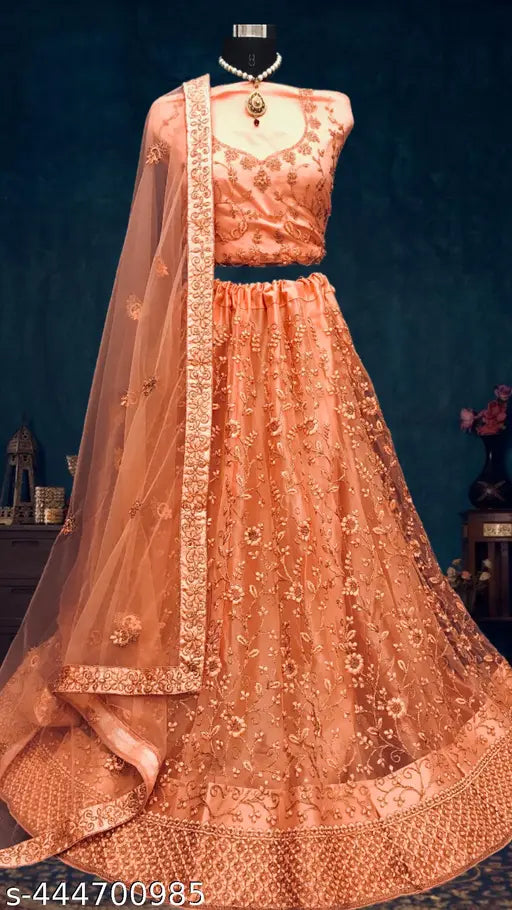 Buy Classic Peach Color Net Embroidered Semi Stitched Lehenga Choli With Semi-Stitched Blouse and Dupatta