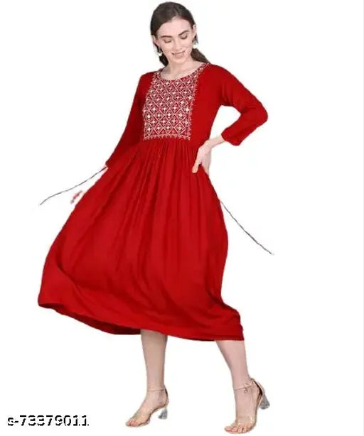 Trending Rayon Solid With Embroider In Yoke Women Anarkali Kurti