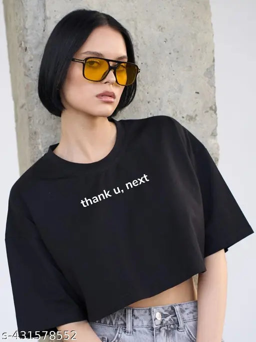 Thank,U-Black Color Half Sleeve Cropped T-Shirts Drop Shoulder Round Neck Crop Tops Casual Summer Solid Color Women's & Girl's Basic Tees