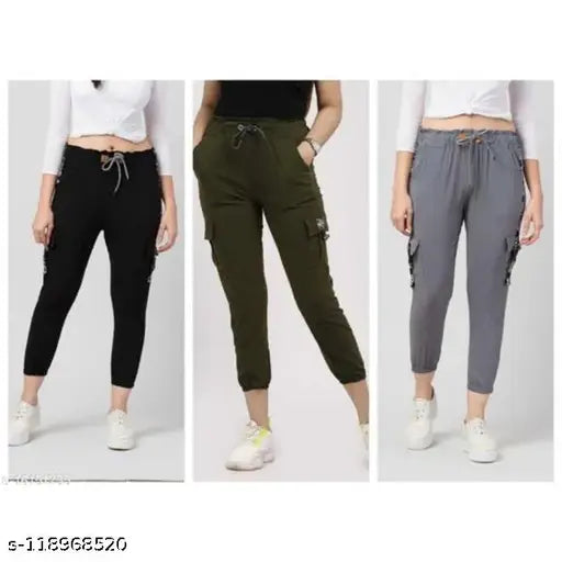 SRI CLUB Cargo Trousers for Women and Joggers for Girls of Stretchable and Elasticated Drawstring waist, Ankle-Length Color- Black , DarkGreen , Grey Combo Pack of 3