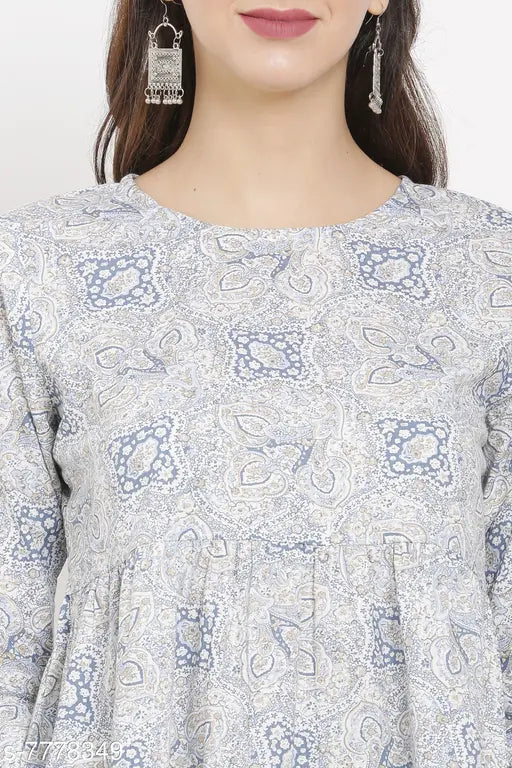 White Printed Cotton Bell Sleeve Top