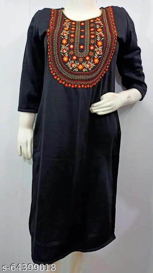 Women's Straight Embroidered Black Woollen Kurti