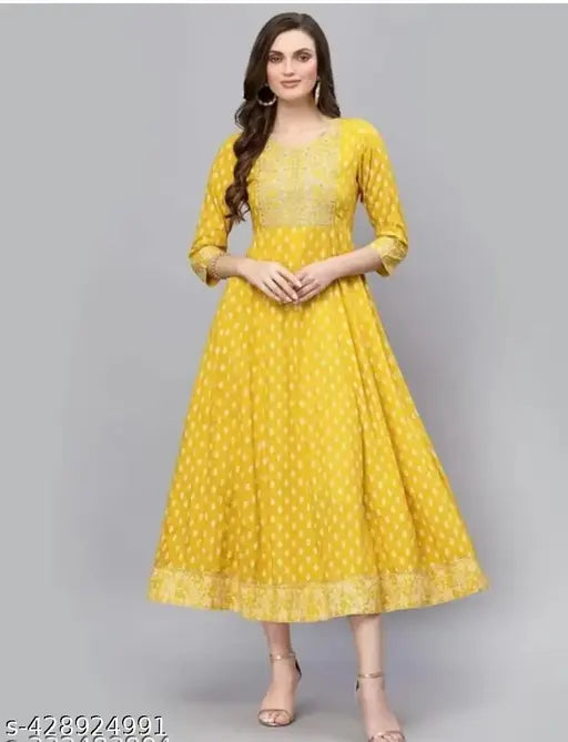 Yellow printed Anarkali with embroidery For Womens And Girls Festival And Party Ware anarkali gown and mirror work