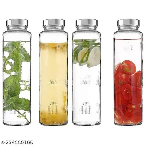 Glass Water Bottle 750 ml | Leak Proof Cap | Food Grade Transparent Glass Bottle For Fridge, Milk, Smoothie and Juice | Travel Water Bottle | Set Of 1 (Silver Cap)