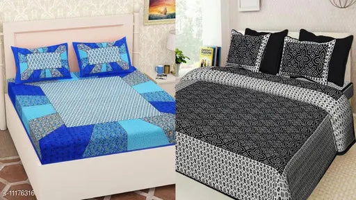 2 Jaipuri Best Bedsheet Combo Pack with 4 Pillow Cover ( Blue+Black)