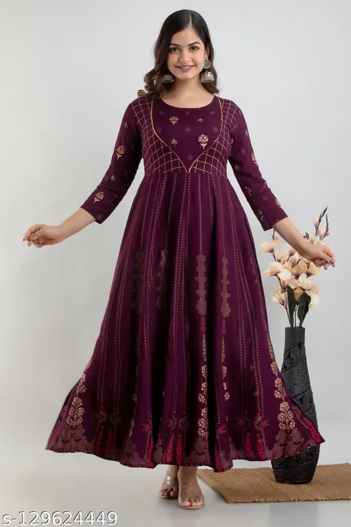 ftDiva Women's Rayon Printed Anarkali Kurta in Purple