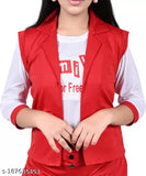 Girls Pretty Trendy Latest Stylish Fashionable Red Three Pieces Dress 1 Printed White Three-Quarter Sleeve T Shirt, Cut Sleeve Red Jacket & 1 Full Length Red Pant Cotton Blend Dress Set 8-9 Years, 9-10 Years, 10-11 Years, 11-12 Years & 12-13 Years