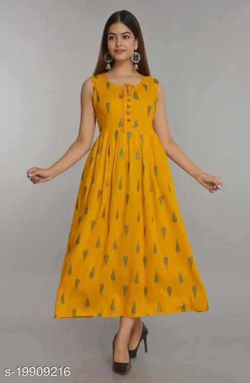 Women Rayon Pleated Printed Yellow Kurti