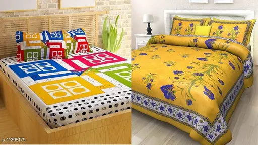 Jaipuri Printed Double Bed Bedsheet combo pack 2 Double Bed Bedsheet with 4 Pillow Cover (Ludo Print Bedsheet + Jaipuri Best Bedsheet)