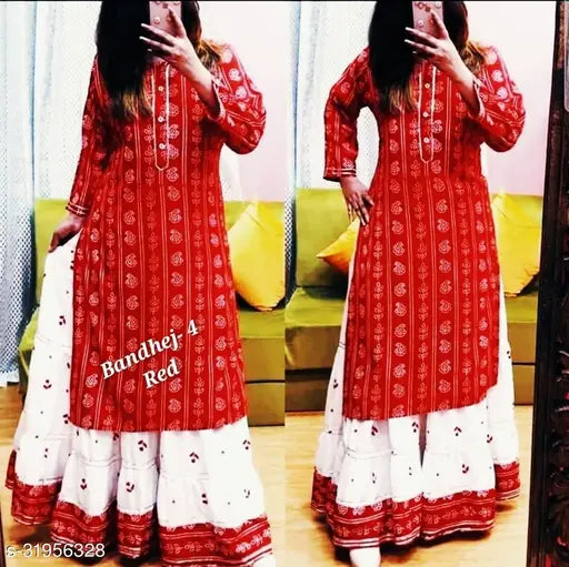 """Red And White Combination Original Rayon Fancy"""Kurti And Skirt Set"""