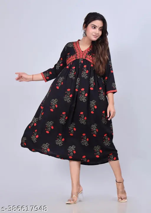 Black Women's Floral Print Cotton Rayon Anarkali Kurta: Trendy and Elegant Fashion Statement