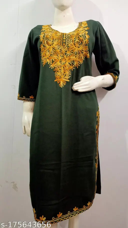 Camellias Stylish Olive Green over Mustard Embroidered Woolen Kurti for Women