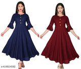 Stylish New Fashionable Women Rayon a-line Knee-Long Dress Maxi Dress with Lining for Women (Navy Blue, Maroon) (Pack Of 2)