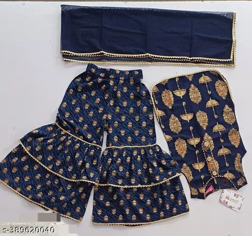 HL Garments Grey Rayon Sharara Set with Umbrella Design & Dupatta (Girls)