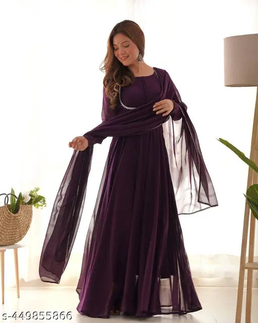 Women Purple Anarkali Fit and Flare Gown with Dupatta |