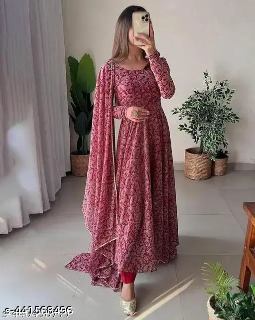 Soft silk fabrics DesigFloral Printed Soft silk fabrics Stitched Anarkali Gown and full sleeve with Dupatta(MAROON) gown with dupata