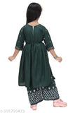 Green Color Printed Kid Girls Naira Cut Kurta set