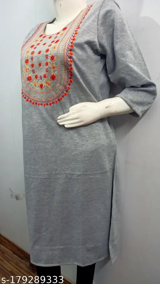 Camellias Stylish Grey U Flower Embroidered Woolen Kurti for Women