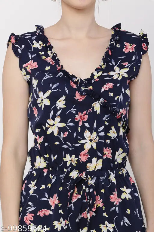 PRINTED WOMEN FLORAL BLUE CASUAL BACK CHAIN WITH FRONT DORI V-NECK JUMPSUIT