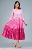 Pink Colour Cotton Lurex Ombre Dyed Flared Tiered Dress