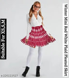 TLISMI 2 in 1 Flowy Winter Mini Plaid Pleated Skirt & Sleeveless Top Women’s Short Scottish Bodycon High Waist Skirt Uniform Skirts Wool Plaid Girl's Knitted Skirts for Teens, Daily, Girls Party Wear, Tennis Badminton (Red White)